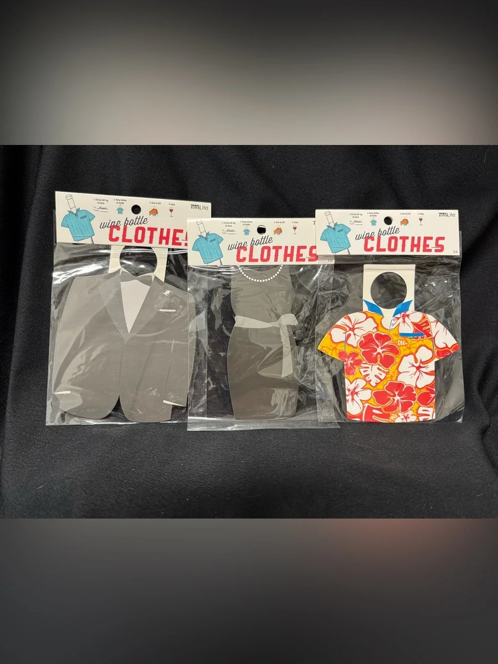 Wine Bottle Clothes Party Tags - Black & Tropical Floral set of 6 tags (2 ea)